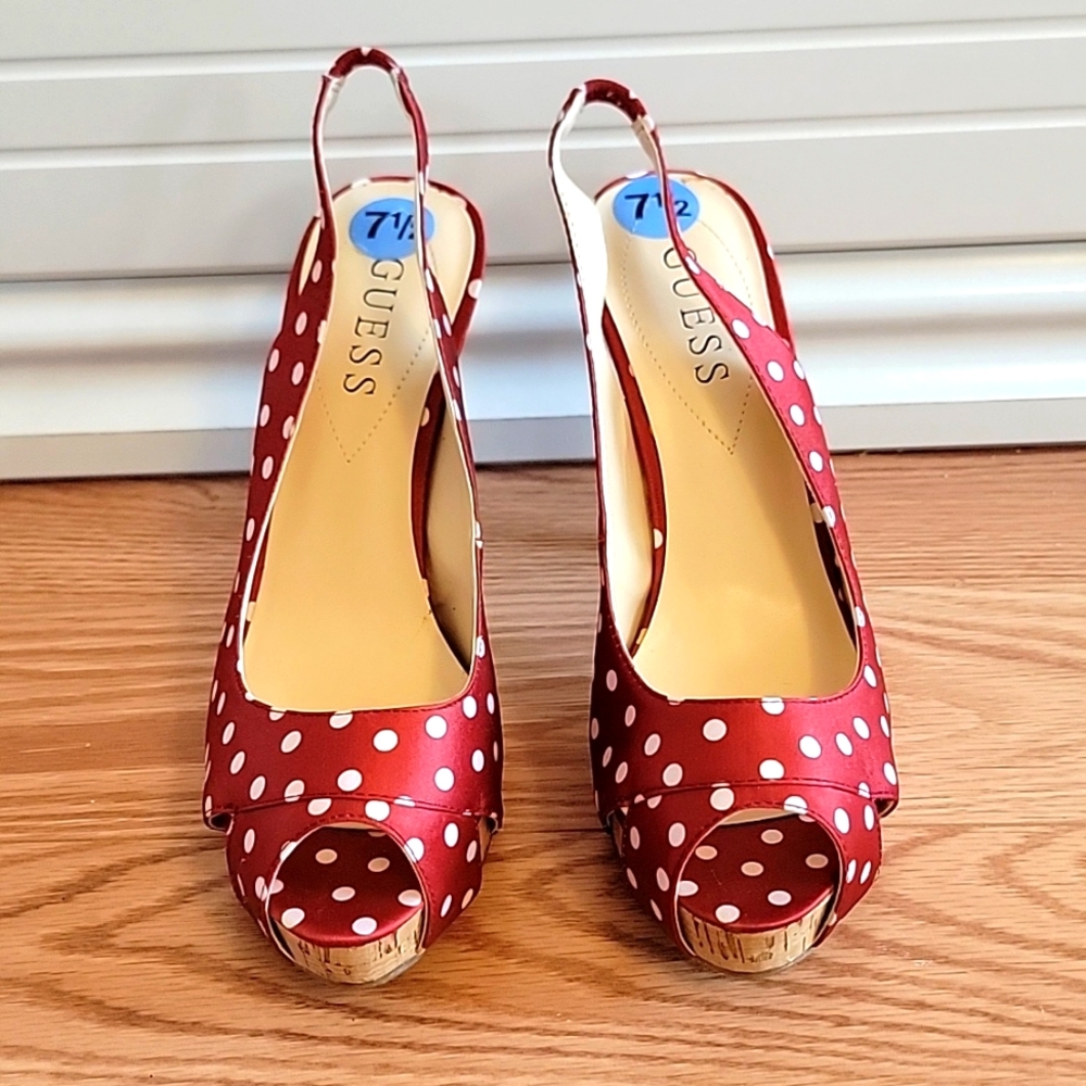 Womens 7.5 Guess red polka dot heels